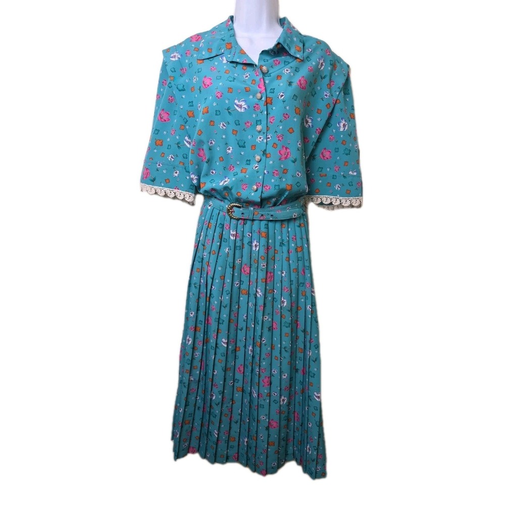 Vtg Floral Dress Secretary Church Pleated Lace Lady Carol New York Size 18 Green